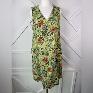 Cut Loose Linen Green Floral Print Sleeveless Shift Dress Pockets Size Medium